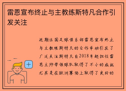 雷恩宣布终止与主教练斯特凡合作引发关注 雷恩宣布终止与主教练斯特凡合作引发关注