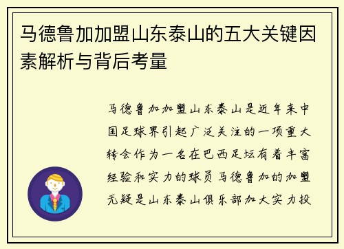 马德鲁加加盟山东泰山的五大关键因素解析与背后考量 马德鲁加加盟山东泰山的五大关键因素解析与背后考量